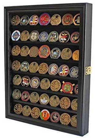 Challenge Coin / Casino Chip Display Case Cabinet Holder Shadow Box, Glass Door - Black - Nick Nack's Full Frontal Attack