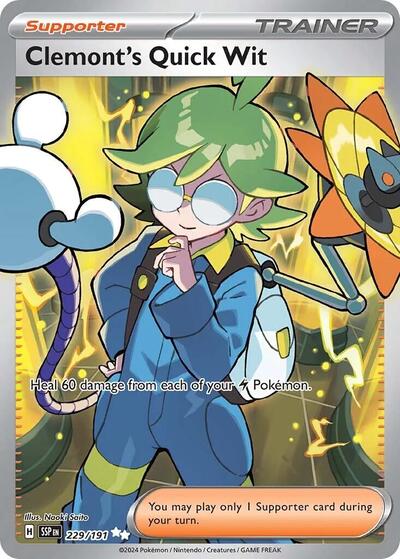 Clemont's Quick Wit - 229 (SV08: Surging Sparks) Near Mint Holofoil - Nick Nack's Full Frontal Attack