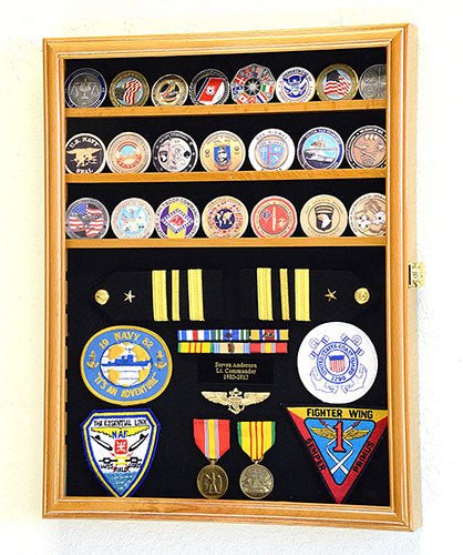 Challenge Coin/Medals/Pins/Badges/Ribbons/Insignia/Buttons Chips Combo Display Case Box Cabinet (Oak Finish) - Nick Nack's Full Frontal Attack