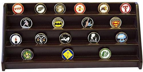 Flag Connections 4 Rows Shelf Challenge Coin Holder Display Casino Chips Holder Cherry Finish - Nick Nack's Full Frontal Attack