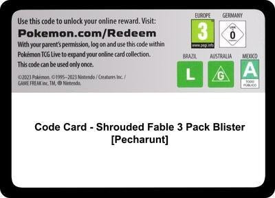 Code Card - Shrouded Fable 3 Pack Blister (Pecharunt) (SV: Shrouded Fable) Near Mint - Nick Nack's Full Frontal Attack