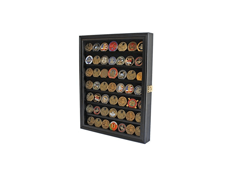 Challenge Coin / Casino Chip Display Case Cabinet Holder Shadow Box, Glass Door, Black - 7 shelves - Nick Nack's Full Frontal Attack