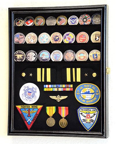 Challenge Coin/Medals/Pins/Badges/Ribbons/Insignia/Buttons Chips Combo Display Case Box Cabinet (Black Finish) - Nick Nack's Full Frontal Attack