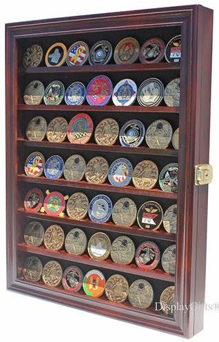 LOCKABLE Military Challenge Coin Display Case Cabinet Rack Holder, LOCKABLE - Mahogany Finish - Nick Nack's Full Frontal Attack