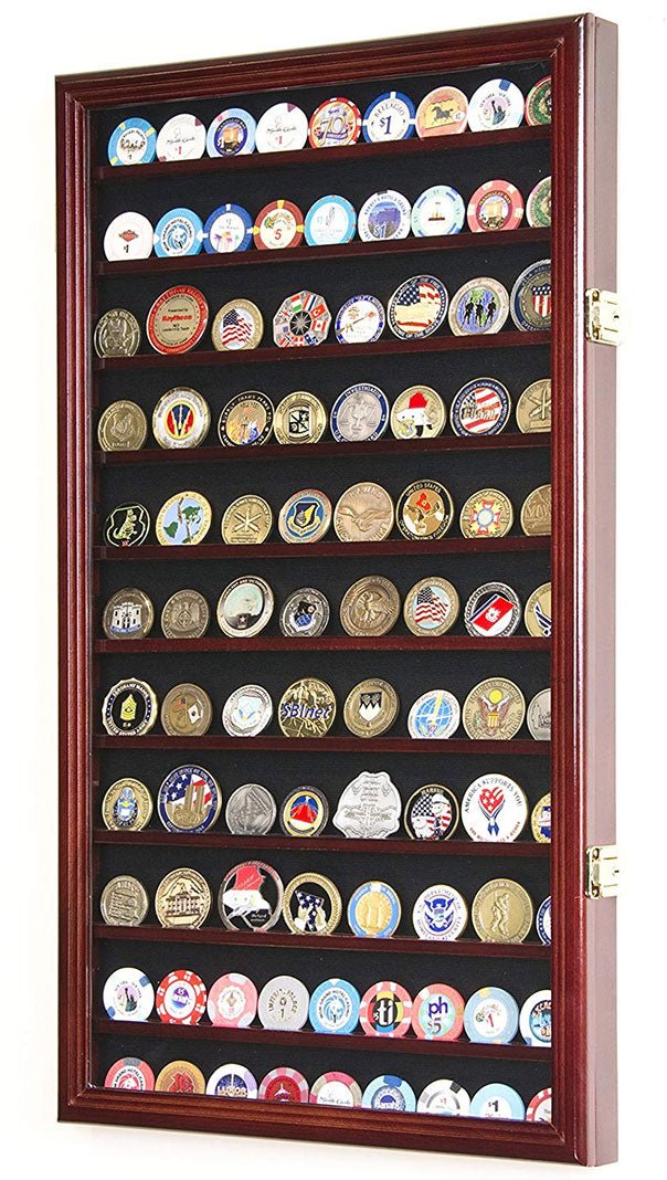 Military Challenge Coin Display Case Cabinet Rack Holder Stand Box w/UV Protection, Cherry Finish - Nick Nack's Full Frontal Attack