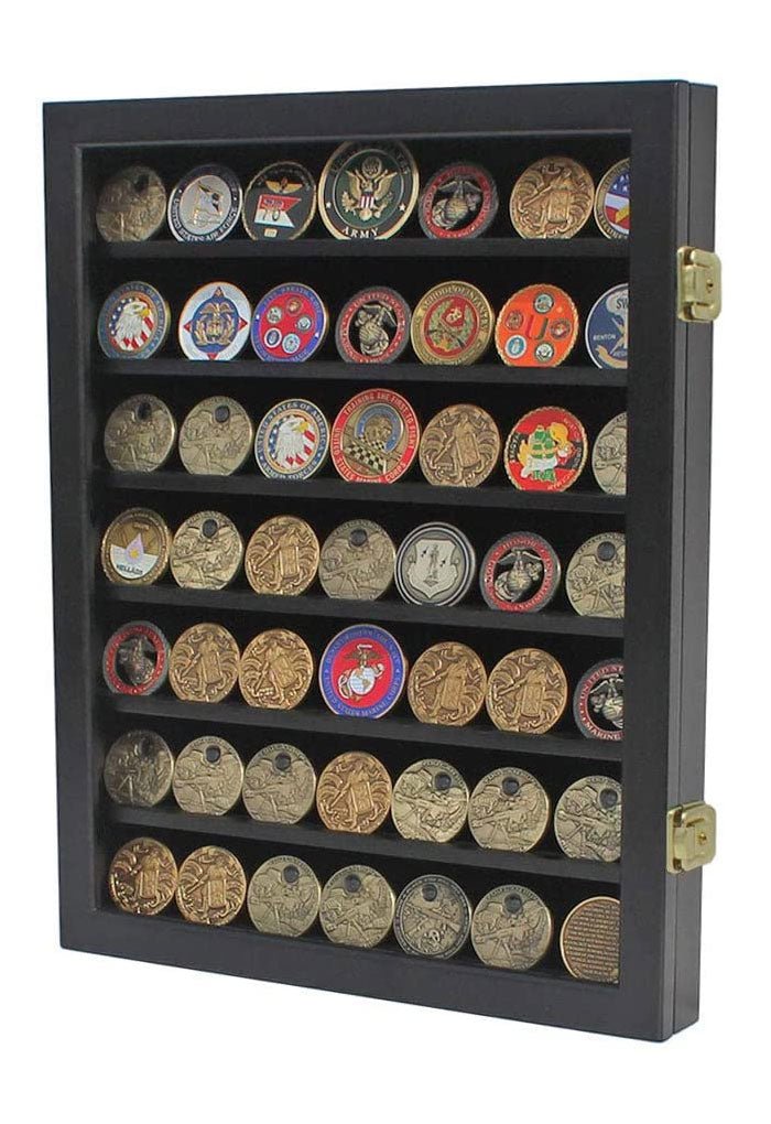Military Challenge Coin Display Case Cabinet Poker Chip Rack Wood Cabinet, Glass Door... - Nick Nack's Full Frontal Attack