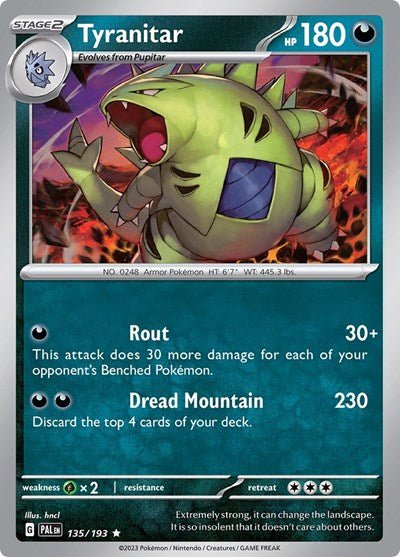 Tyranitar - 135 (SV02: Paldea Evolved) Near Mint Holofoil - Nick Nack's Full Frontal Attack