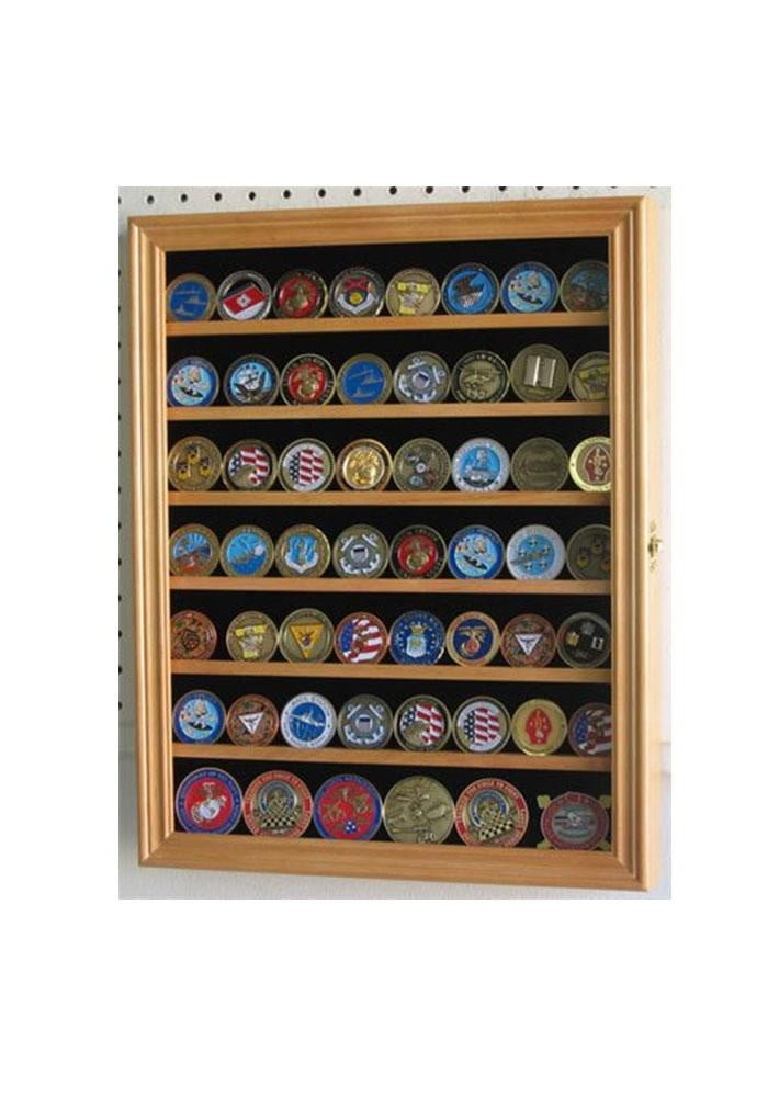 Lockable Military Challenge Coin Display Case Cabinet Rack Holder (Oak Finish) - Nick Nack's Full Frontal Attack