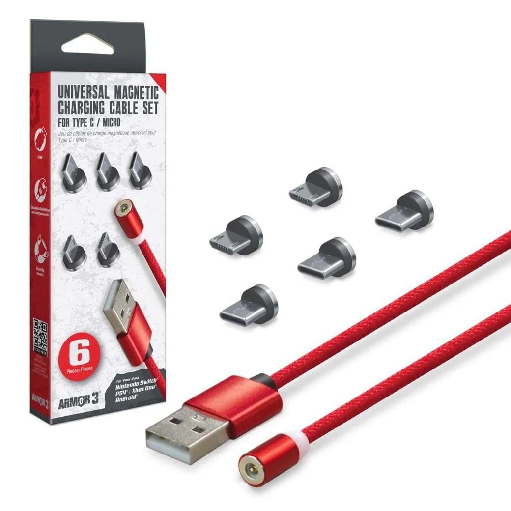 Magnetic Charging Cable Set (6 Pieces) For Android¨ / Xbox One¨ / Nintendo Switch¨ / Nintendo Switch¨ Lite / PS4¨ /PS Vita¨ Family / PS Vita¨ 2000 (Red) - Armor3