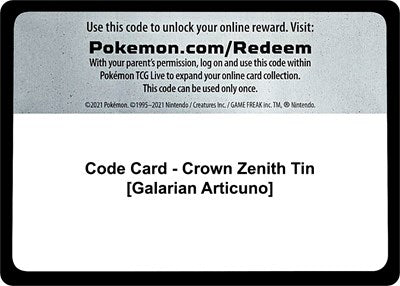 Code Card - Crown Zenith Tin (Galarian Articuno) (Crown Zenith) Near Mint
