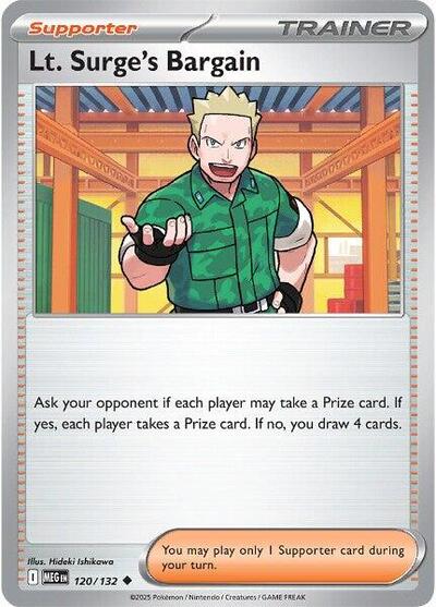 Lt. Surge's Bargain - 120 (ME01: Mega Evolution) Near Mint Reverse Holofoil - Nick Nack's Full Frontal Attack