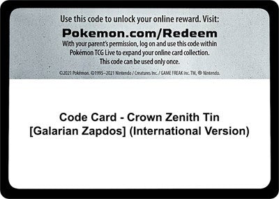Code Card - Crown Zenith Tin (Galarian Zapdos) (International Version) (Crown Zenith) Near Mint