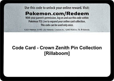 Code Card - Crown Zenith Pin Collection (Rillaboom) (Crown Zenith) Near Mint