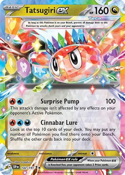 Tatsugiri ex - 142 (SV08: Surging Sparks) Near Mint Holofoil - Nick Nack's Full Frontal Attack