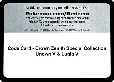 Code Card - Crown Zenith Special Collection (Unown V & Lugia V) (Crown Zenith) Near Mint