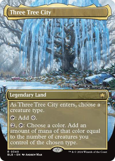 Three Tree City (Borderless) (0340) (Bloomburrow) Near Mint Foil - Nick Nack's Full Frontal Attack