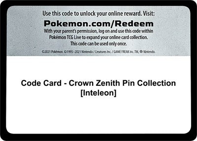 Code Card - Crown Zenith Pin Collection (Inteleon) (Crown Zenith) Near Mint