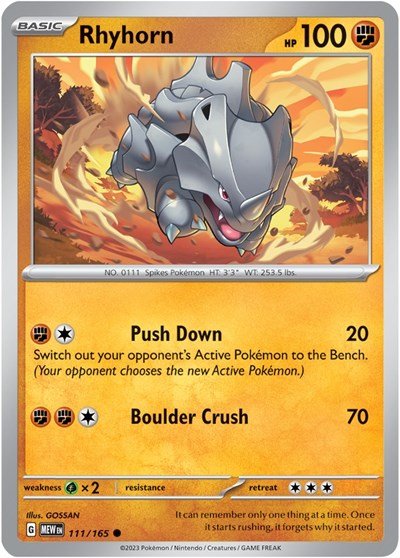 Rhyhorn (Scarlet and Violet: 151) Near Mint Reverse Holofoil - Nick Nack's Full Frontal Attack