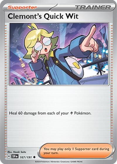 Clemont's Quick Wit - 167 (SV08: Surging Sparks) Near Mint Reverse Holofoil - Nick Nack's Full Frontal Attack