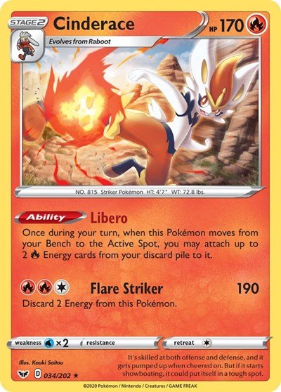 Cinderace - 034/202 (Non - Holo) (Deck Exclusives) Near Mint - Nick Nack's Full Frontal Attack
