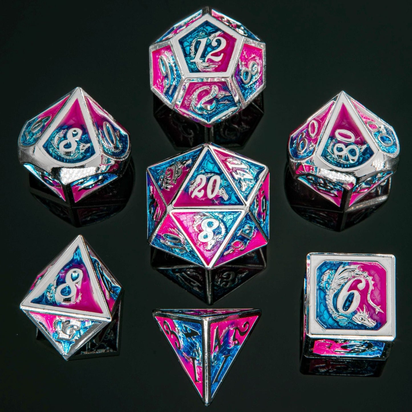 7-Set Dragon: Silver with Blue & Pink
