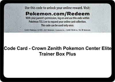 Code Card - Crown Zenith Pokemon Center Elite Trainer Box Plus (Crown Zenith) Near Mint