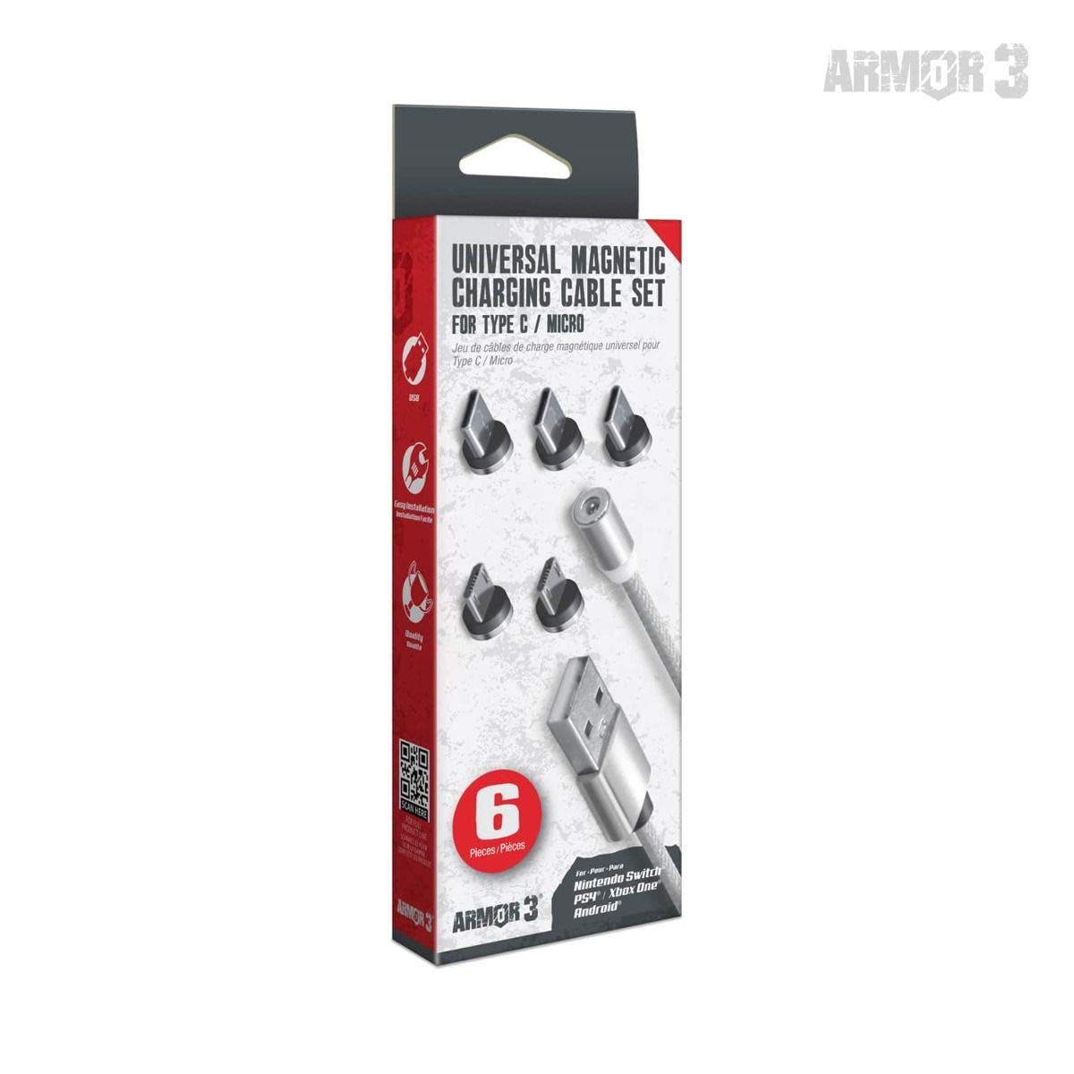 Magnetic Charging Cable Set (6 Pieces) For Android¨ / Xbox One¨ / Nintendo Switch¨ / Nintendo Switch¨ Lite / PS4¨ /PS Vita¨ Family / PS Vita¨ 2000(Silver) - Armor3