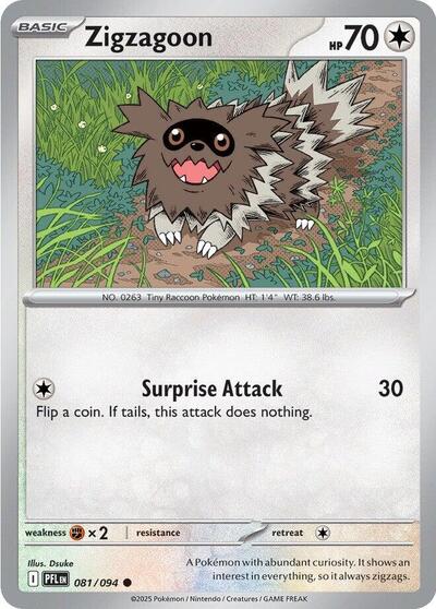 Zigzagoon (ME02: Phantasmal Flames) Near Mint Reverse Holofoil - Nick Nack's Full Frontal Attack