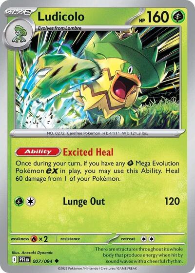 Ludicolo - 007 (ME02: Phantasmal Flames) Near Mint Reverse Holofoil - Nick Nack's Full Frontal Attack