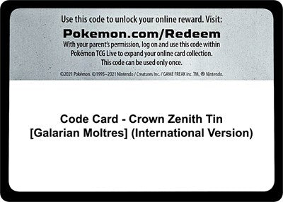 Code Card - Crown Zenith Tin (Galarian Moltres) (International Version) (Crown Zenith) Near Mint