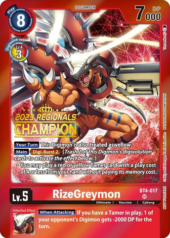 RizeGreymon [BT4-017] (2023 Regionals Champion) [Great Legend Promos]