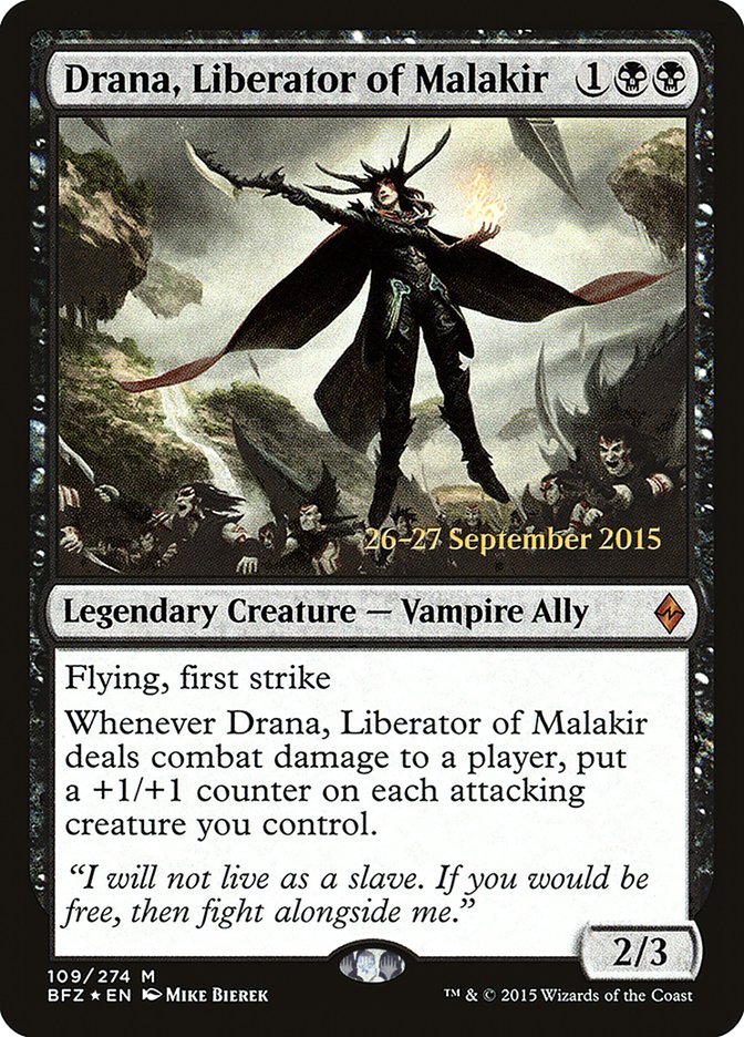 Drana, Liberator of Malakir  (Prerelease) [Battle for Zendikar Prerelease Promos]