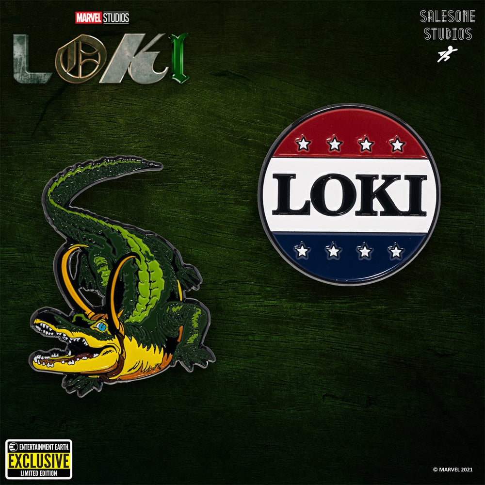 Loki President Loki Button y Alligator Loki Pin 2-Pack - Entertainment Earth Exclusivo