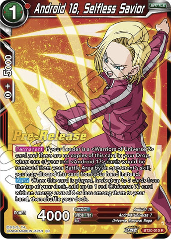Android 18, Selfless Savior (BT20-010) [Power Absorbed Prerelease Promos]