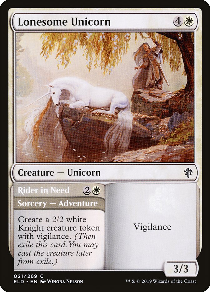 Unicornio solitario // Jinete necesitado [Trono de Eldraine] 